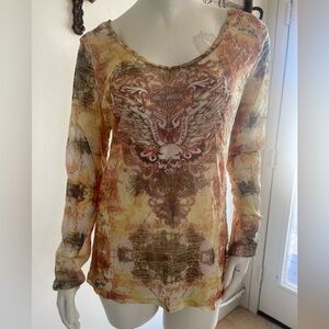 Harley-Davidson Women's Sheer Tattoo Long Sleeve Graphic Winged Skull Size XL